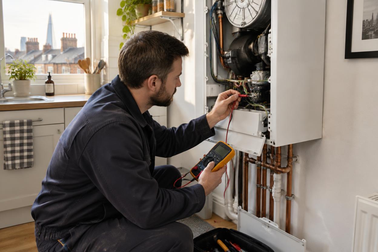 Engineer diagnosing a faulty combi boiler with a multimeter