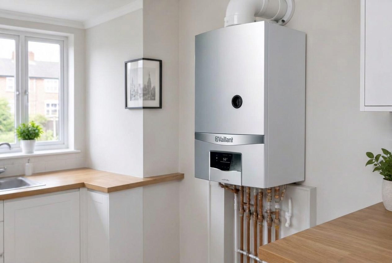 Illustration of a fitted Vaillant boiler with copper pipework, without an engineer