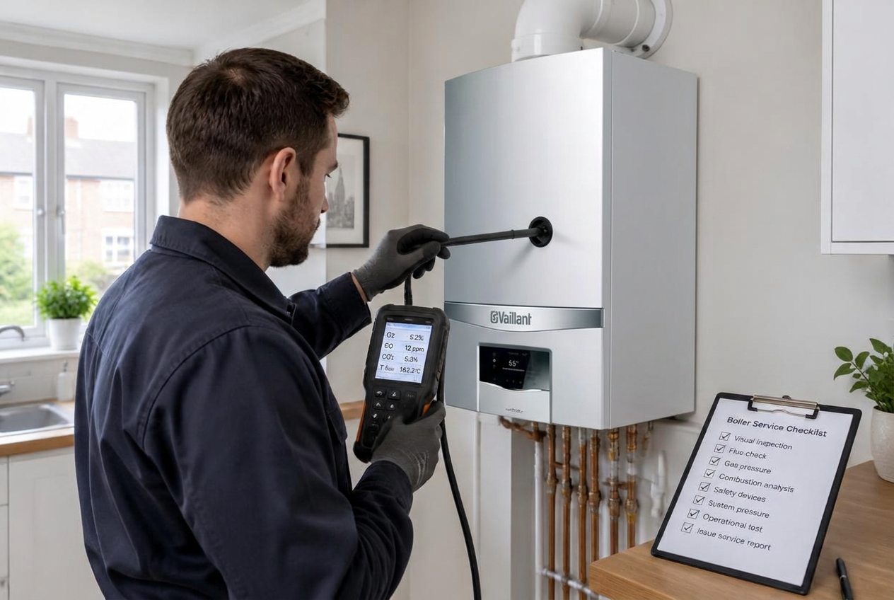 Illustration of an engineer servicing a fitted Vaillant boiler with a flue gas analyser