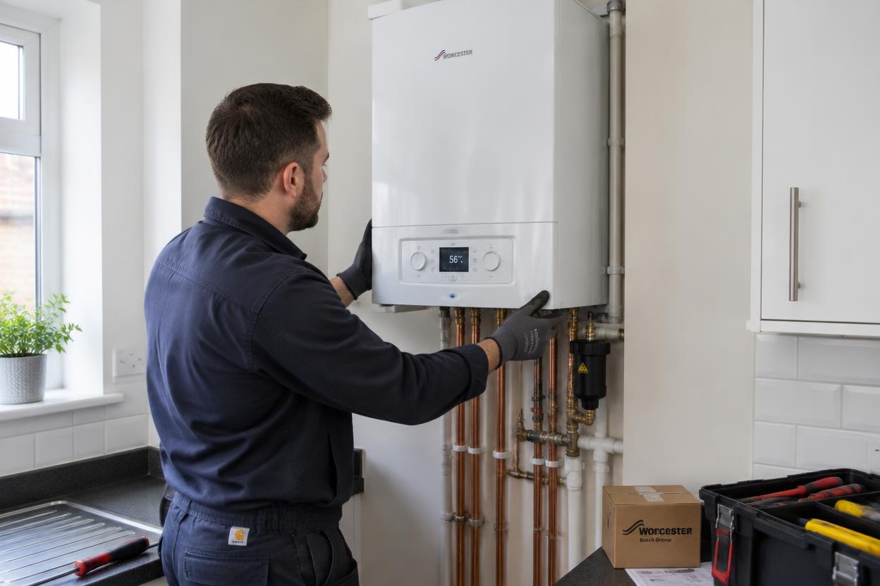 Heating engineer installing a new combi boiler in a kitchen