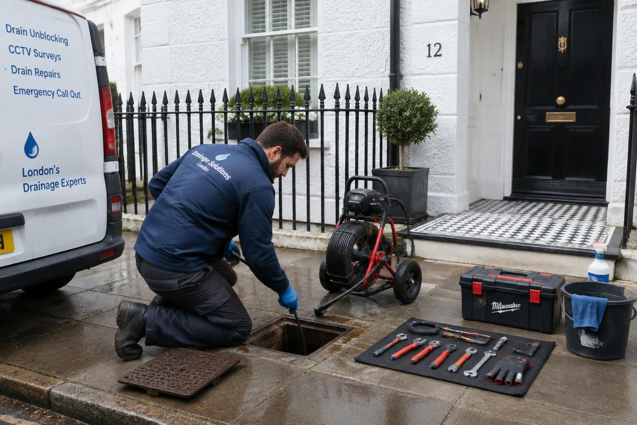 Engineer clearing a blocked drain outside a Central London townhouse
