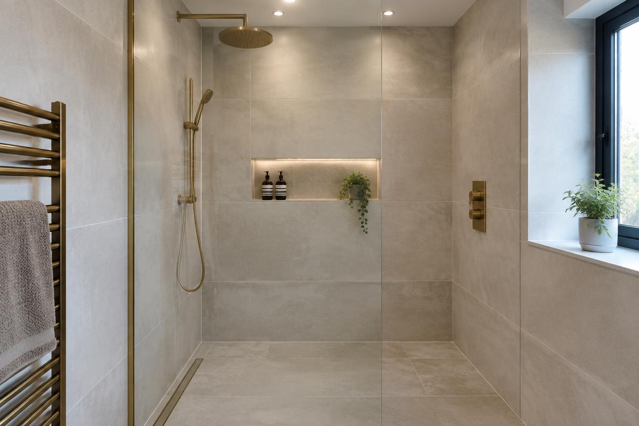 Completed walk-in shower room with brass fittings