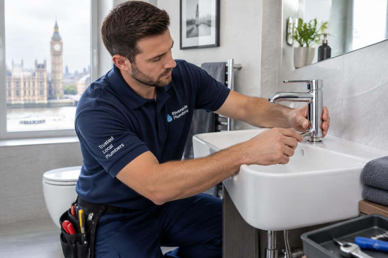 Plumber fitting a new chrome basin tap in a London bathroom