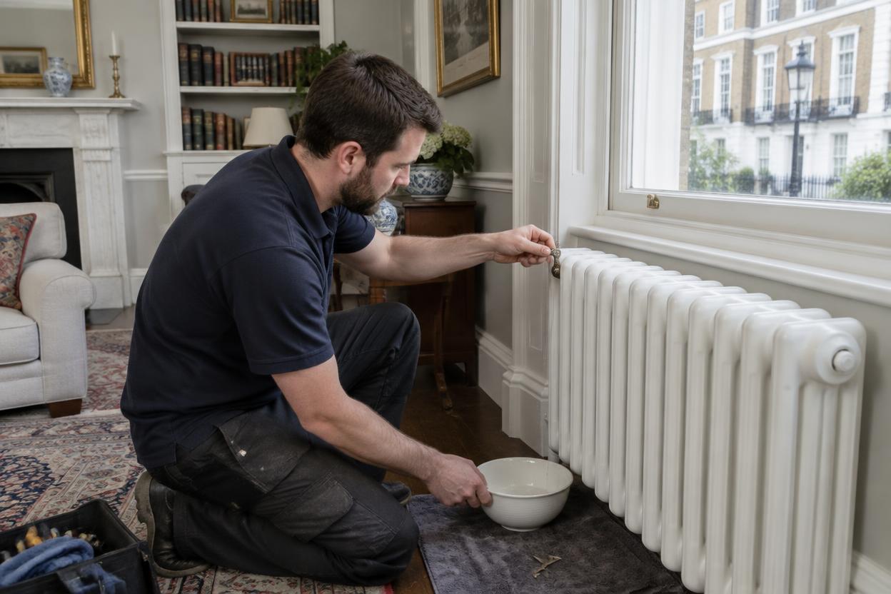 Plumber bleeding a radiator in a Marylebone living room