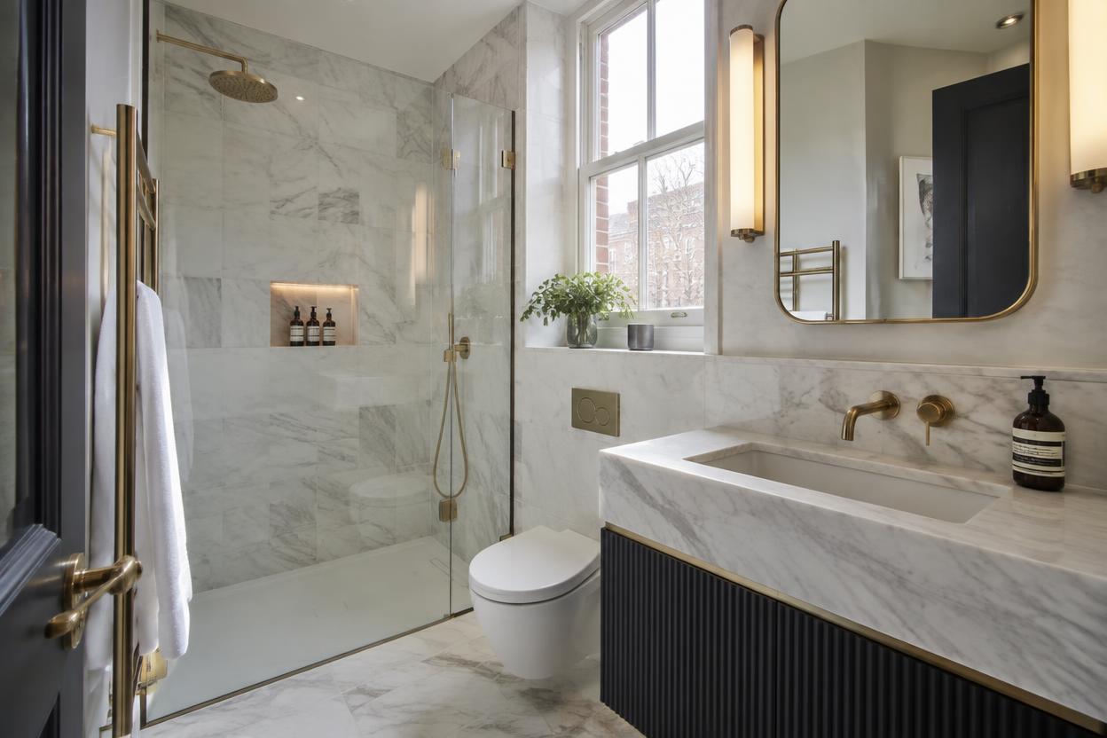 Newly refurbished bathroom with walk-in shower and brass fittings