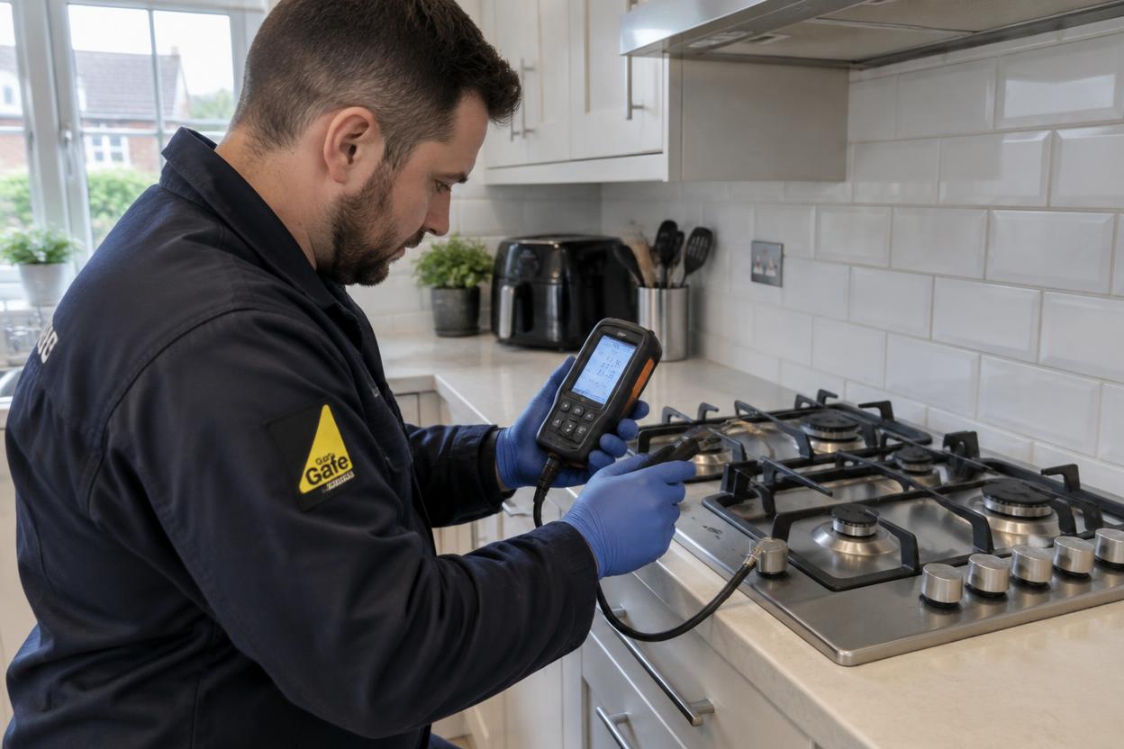 Gas Safe engineer testing a gas hob with an analyser