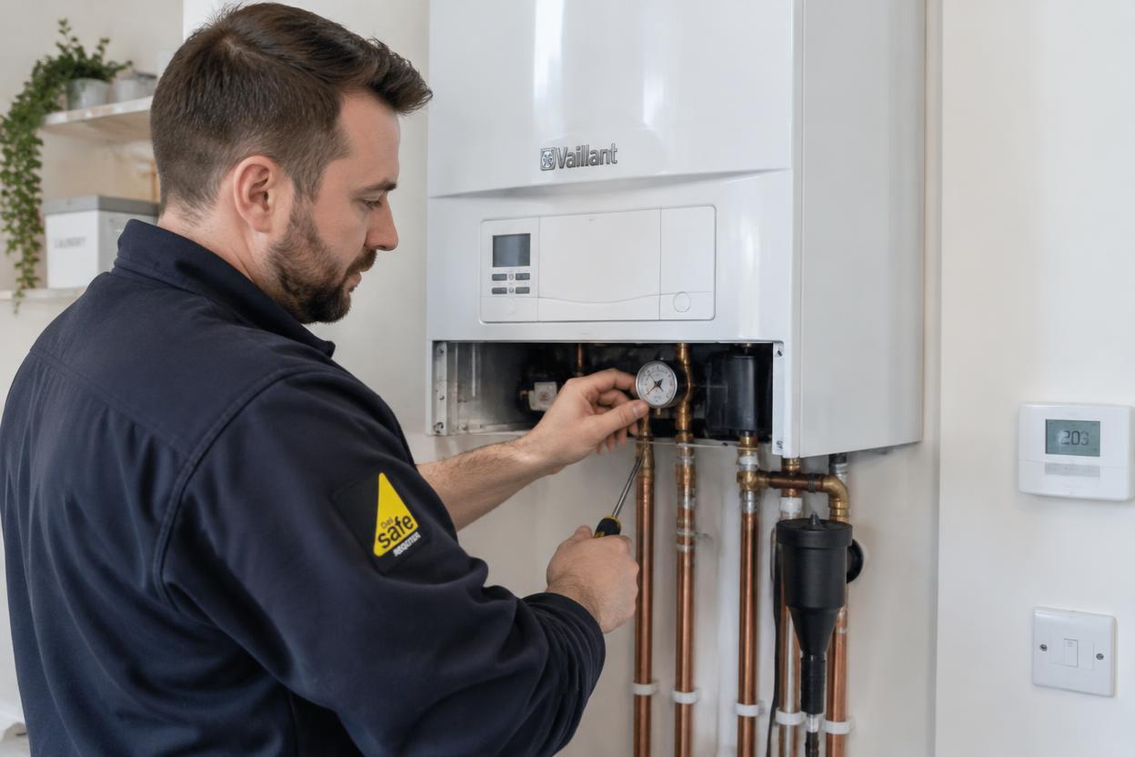 Engineer servicing a wall-mounted combi boiler