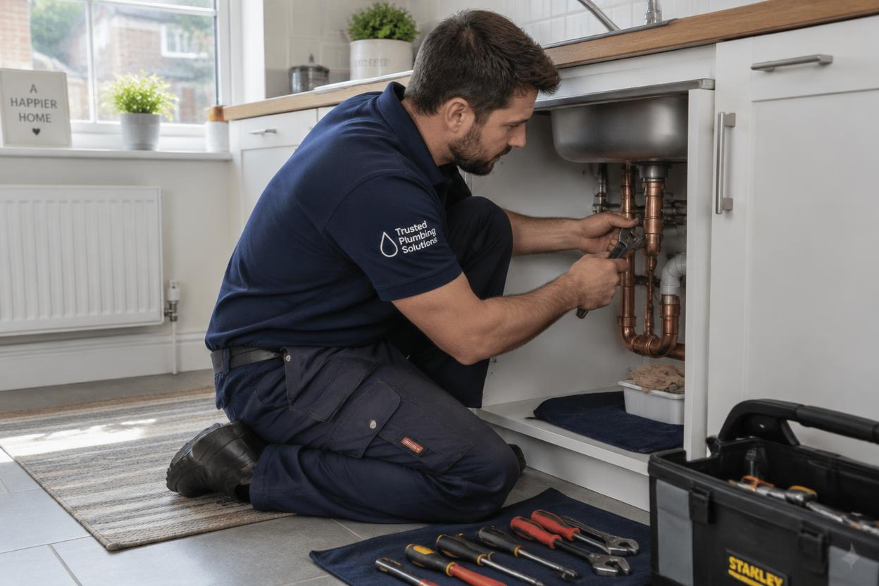 Plumber repairing a copper pipe under a kitchen sink